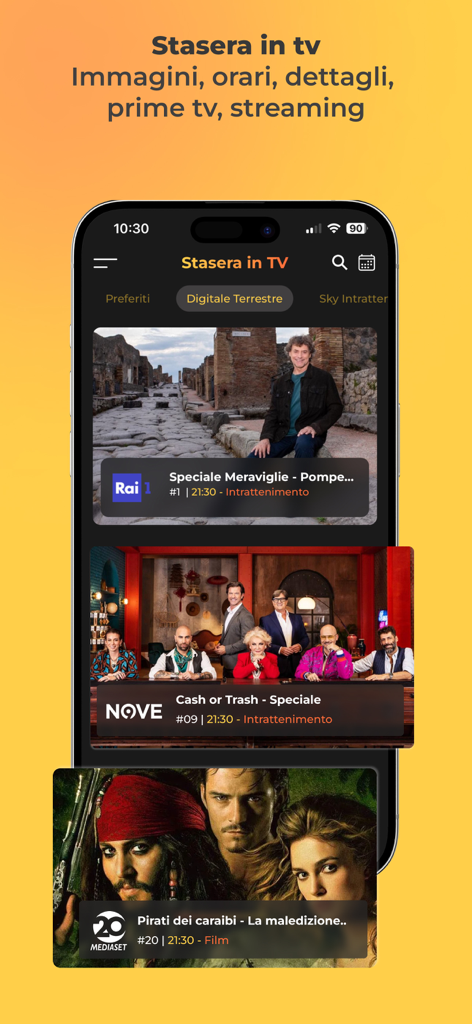 Guida Programmi TV - Interfaz de la aplicación Guida Programmi TV que muestra la programación de televisión italiana para esta noche con imágenes y detalles.