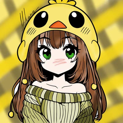 anime girl with chick shaped hat with sweater with bare shoulders with bangs covering them one eye with low tail