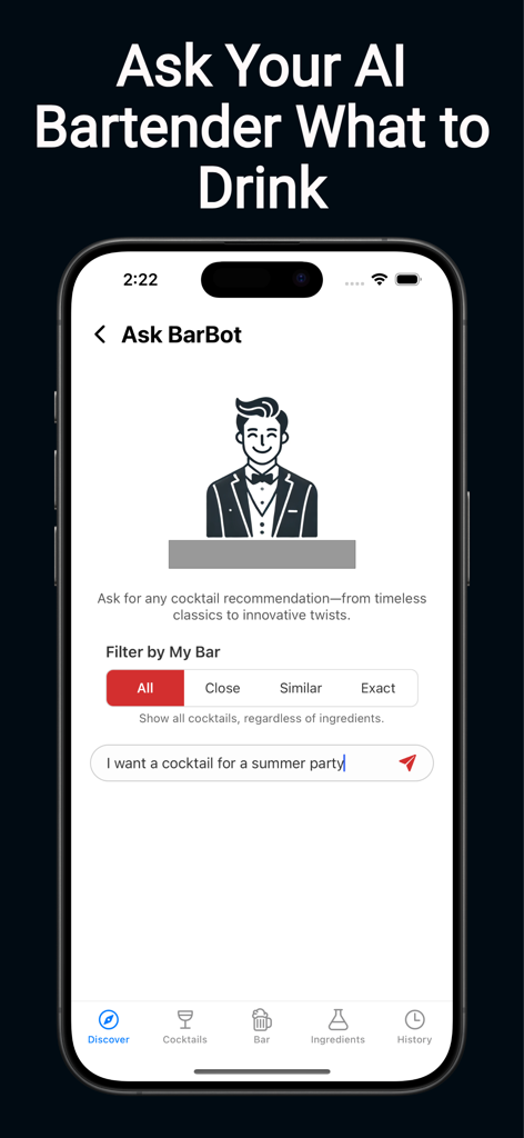 Interface of BarBot app showing the AI bartender feature for personalized cocktail recipe suggestions.