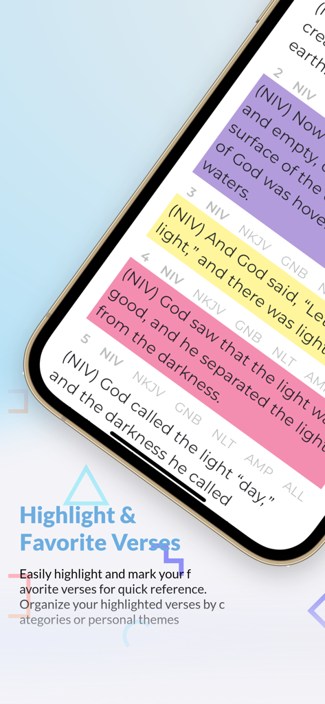 Multiversion Bible App Offline - Captura de pantalla de la Biblia Multiversión que muestra la función de resaltar y marcar versículos favoritos con marcadores de versículos coloridos.