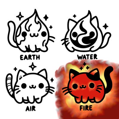 4 cats that represent the different elements, earth, water, air, and fire