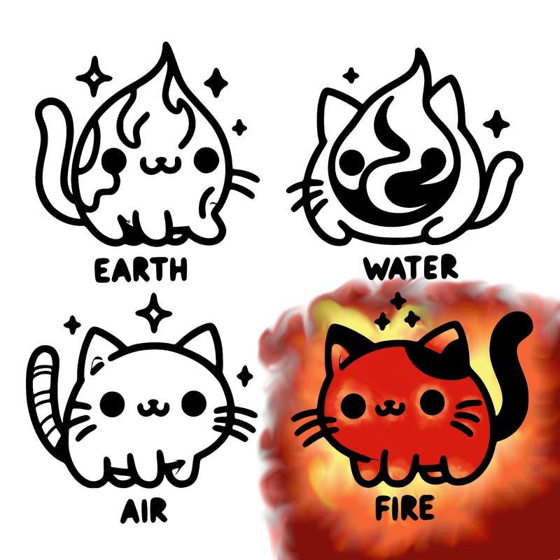 4 cats that represent the different elements, earth, water, air, and fire