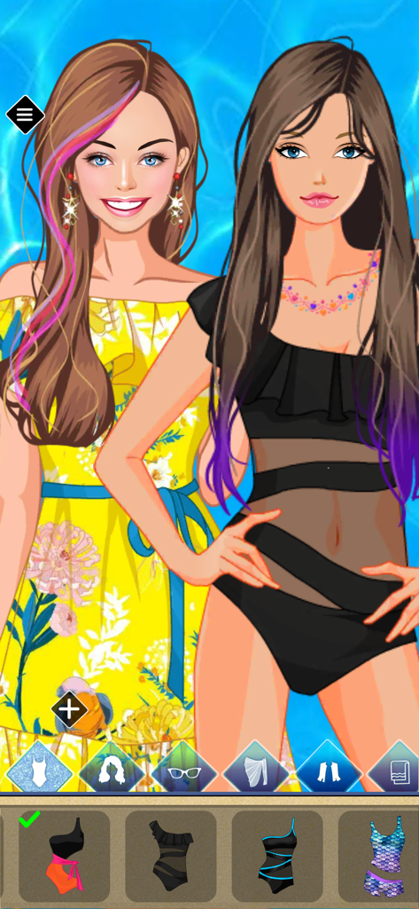 Summer Dress Up game - Two stylish fashion dolls in summer outfits including a yellow dress and a black swimsuit in a dress up game interface