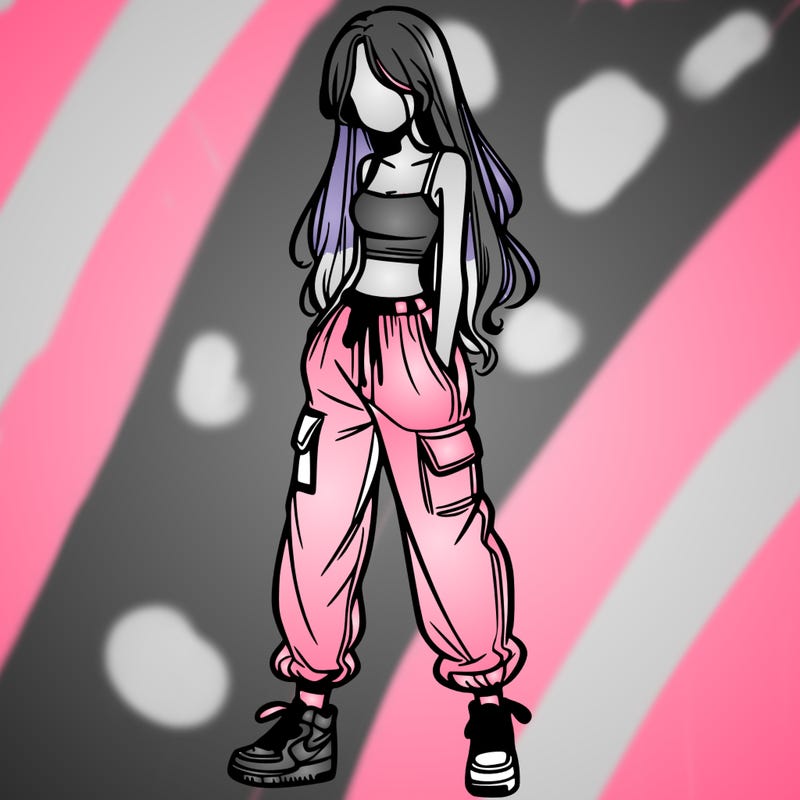 girl in baggy pants crop top and long hair