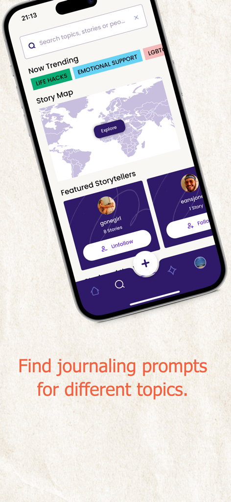 Mobile app interface showing trending topics like life hacks and emotional support with a story map and featured storytellers
