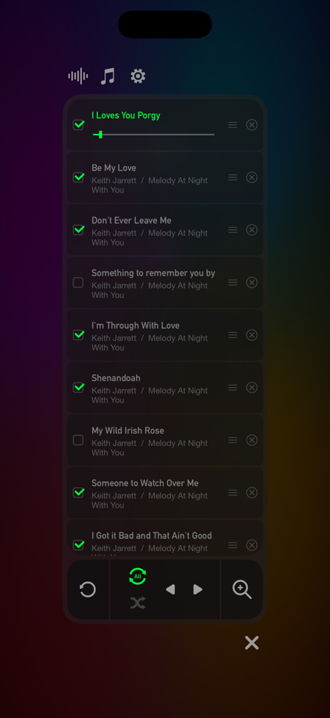 Somewhere - Rain Sound ASMR - Interfaz de usuario que muestra una lista de reproducción de música personalizada integrada en la aplicación Somewhere Rain Sound ASMR.