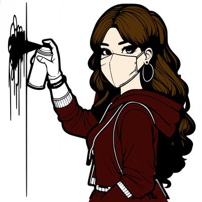 realistic girl with mask spray painting a wall