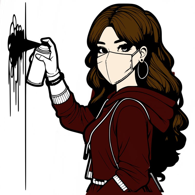 realistic girl with mask spray painting a wall