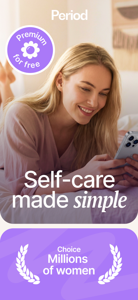 Period: Period Tracker & Cycle - A young woman smiling while using the Period tracker app on her smartphone with the slogan self care made simple