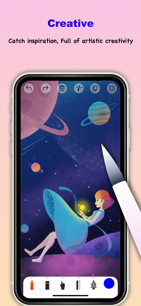 A digital illustration of a girl in space on a mobile drawing app interface with artist tools