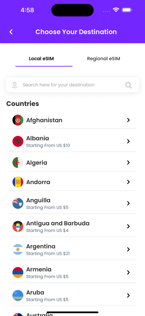 Kloud eSIM - List of countries and local data plan prices in the Kloud eSIM mobile app