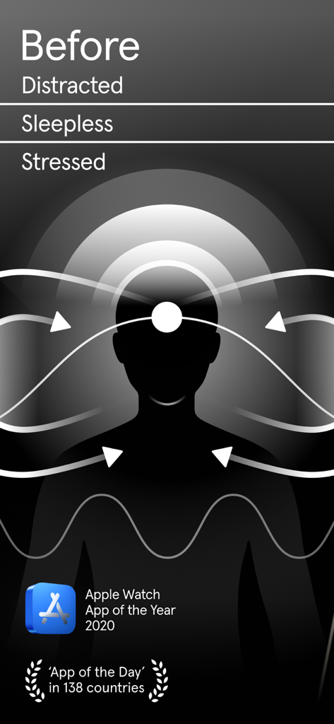 Graphic of a human silhouette showing distracted and stressed states with Apple App of the Year 2020 award badge