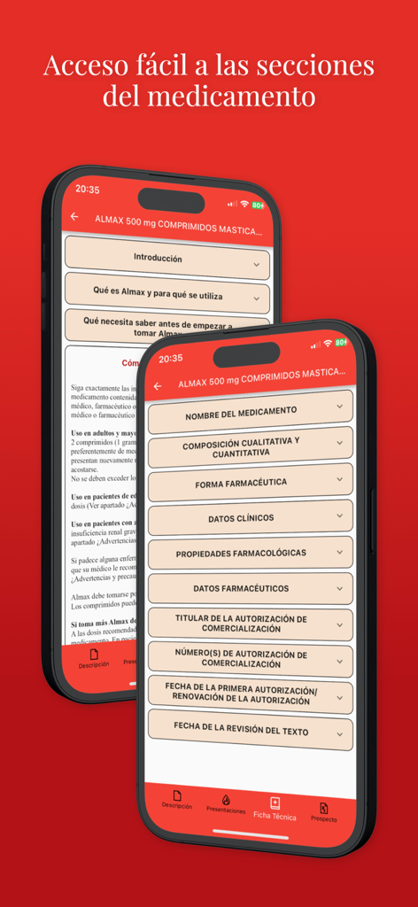 Vademecum 2025 Medicamentos - 두 대의 iPhone에서 상세한 의약품 섹션과 기술 데이터를 보여주는 Vademecum 2025 앱 인터페이스