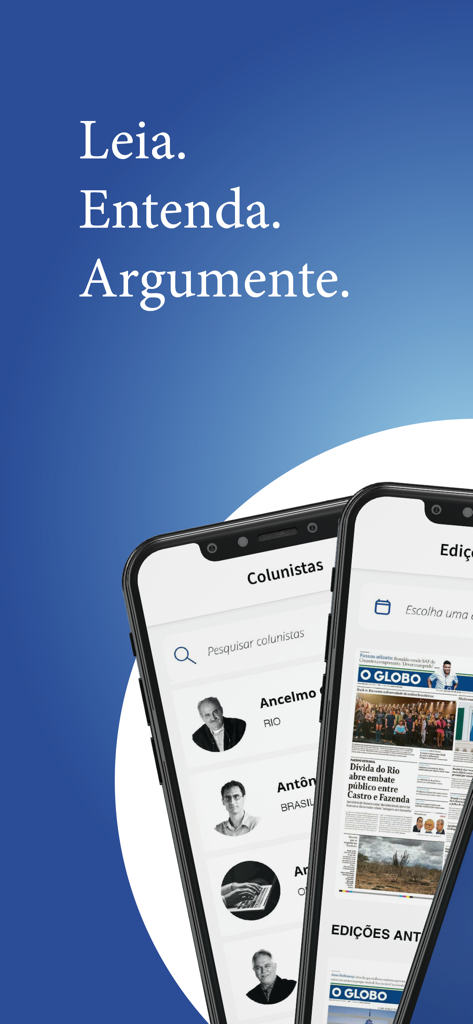 O Globo news app interface showing a list of columnists and digital newspaper editions.