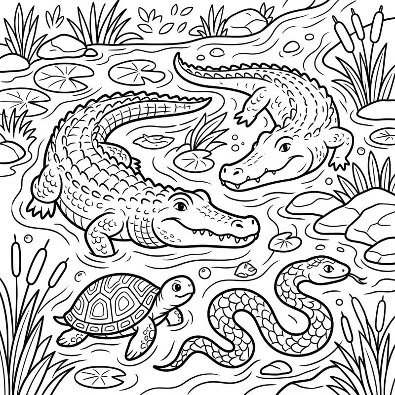 Explore the exciting world of river reptiles with this delightful coloring page designed especially for kids. Bring to life friendly alligators, curious turtles, and slithery snakes as they swim in their watery home.