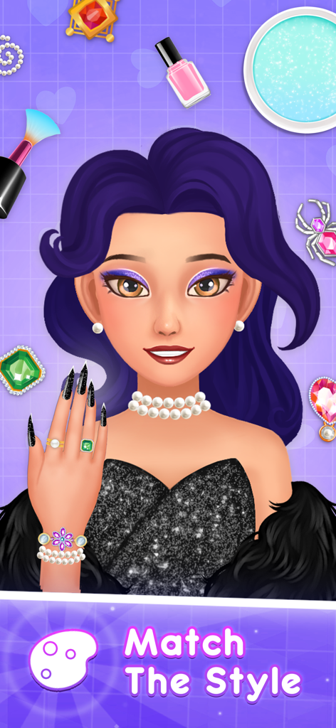 Girls Nail Salon - Nail Games - A character with black glittery nail art and elegant jewelry in the Girls Nail Salon mobile game.