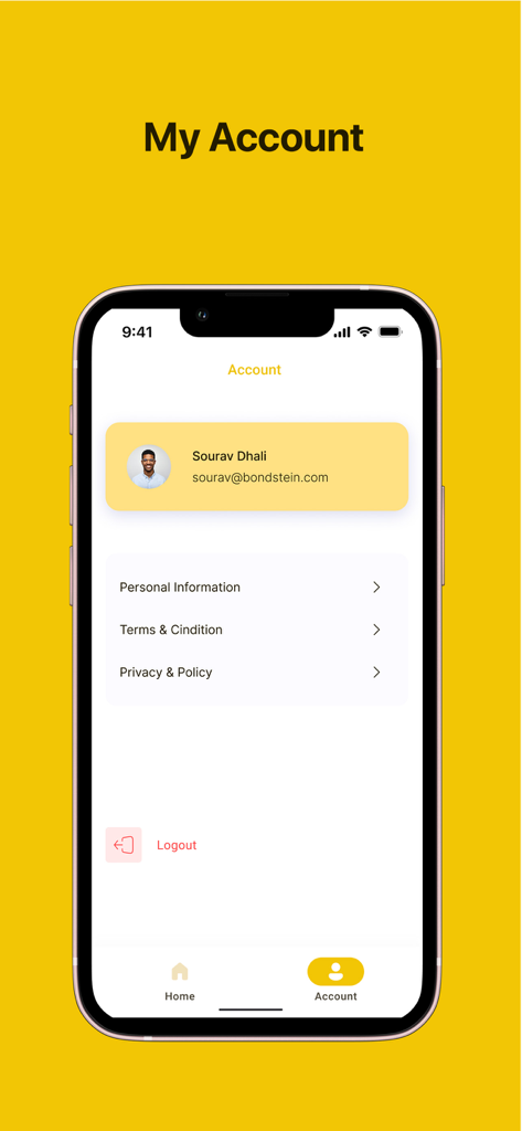 Track My Vehicle Lite App-Konto-Bildschirm mit Benutzerprofil und Einstellungsmenü