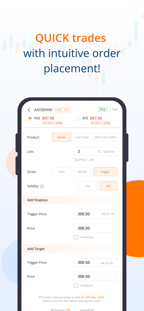 mStock by Mirae Assets-IPO, MF - mStock 앱 인터페이스는 인도 주식에 대한 빠른 거래와 직관적인 주문 배치를 위한 것입니다