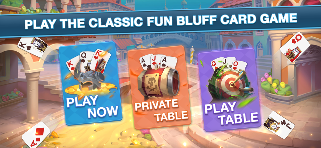Bluff Card Game - Main menu of the Bluff Card Game app showing game mode options including Play Now, Private Table, and Play Table.