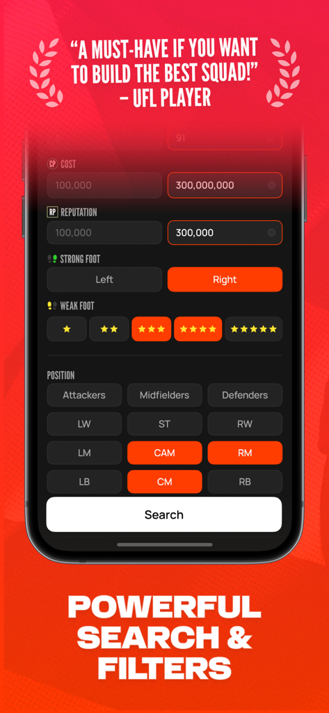 UFLHub: Player DB for UFL - Interfaz de búsqueda y filtros avanzados de la aplicación UFLHub mostrando opciones de coste, reputación, preferencia de pierna y posiciones de jugador.