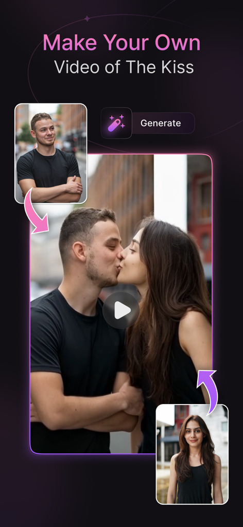 Interfaz de usuario de una aplicación de IA que muestra dos fotos separadas de un hombre y una mujer fusionándose en un vídeo generado por IA de ellos besándose.