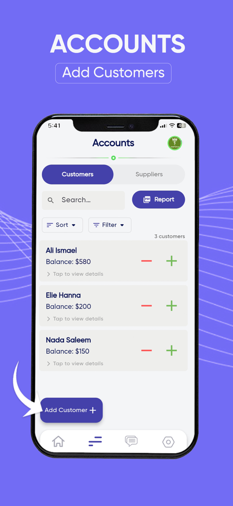 Mobile app interface of the Debt System showing a list of customer names with their outstanding balances and a button to add new customers.