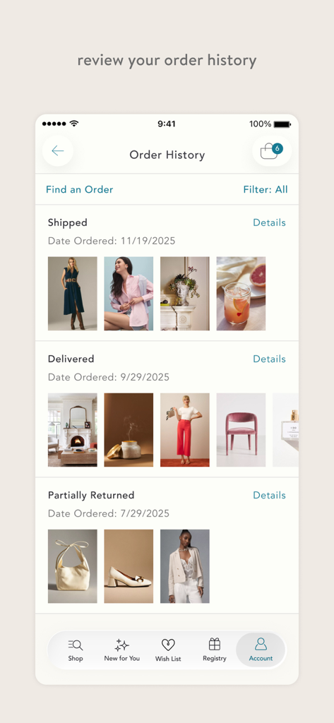 Anthropologie - Anthropologieアプリの注文履歴画面。商品サムネイルとともに、発送済みおよび配達済みの購入履歴が表示されています。