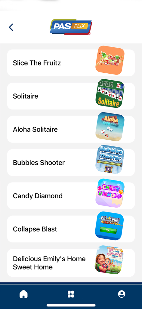 PASFLIX app interface displaying a list of available games for inflight entertainment