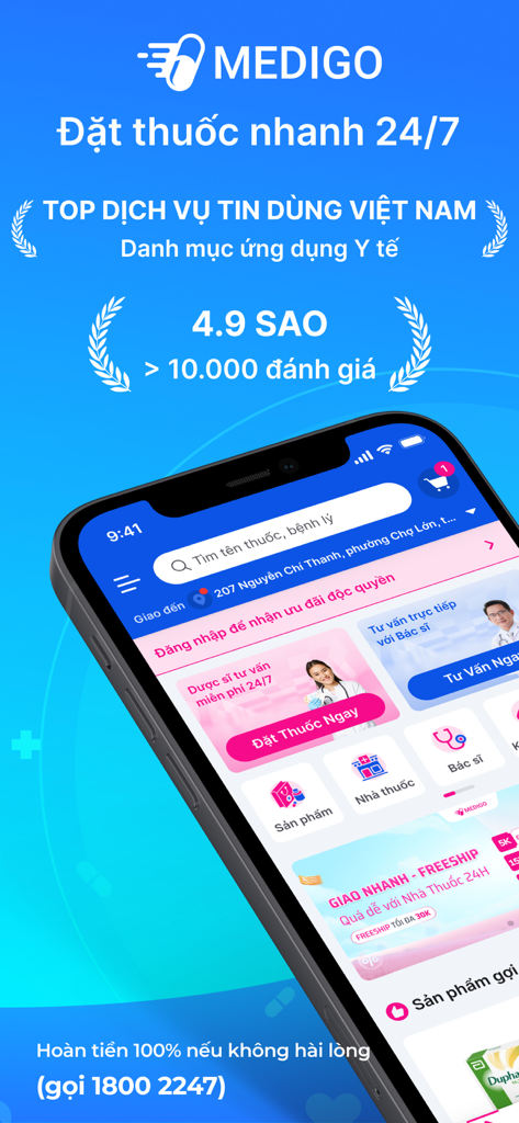 MEDIGO - Đặt thuốc nhanh 24/7 - Screenshot of the MEDIGO app showing the main menu for medicine orders and doctor consultations in Vietnamese