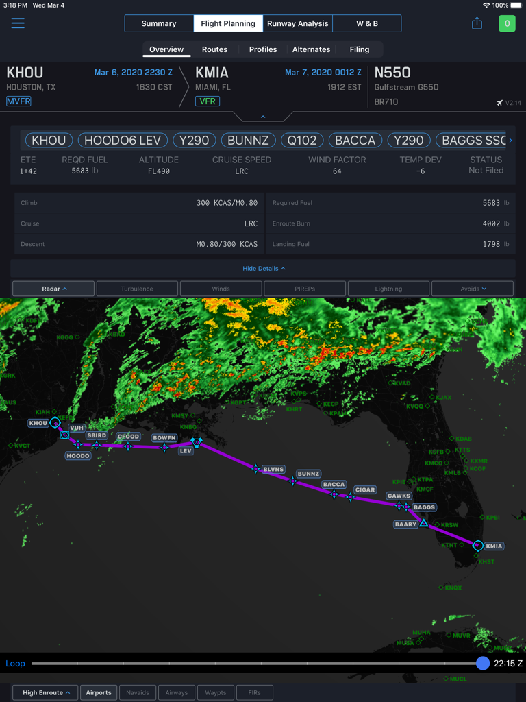 iPreFlight Genesis - Flight planning overview in iPreFlight Genesis showing a route map with weather radar and aircraft performance data