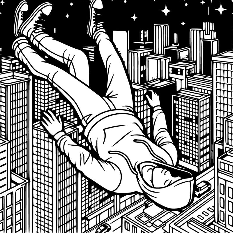 a guy in a hoodie, in the air, falling to the ground, night, city