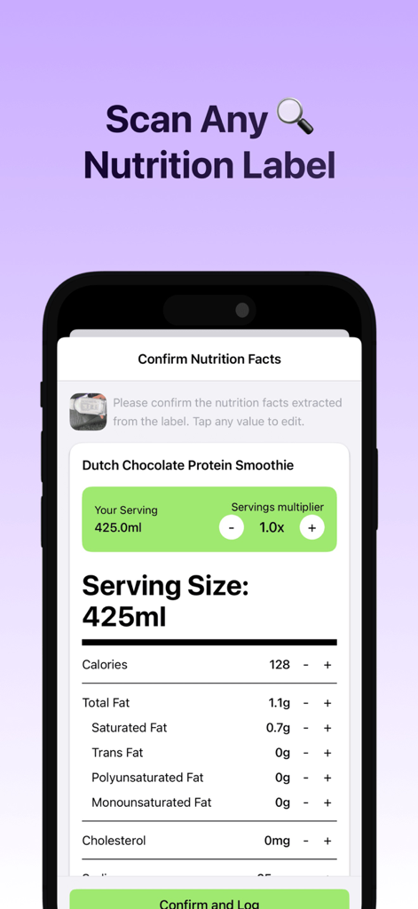 HealthMaxx: AI Calorie Tracker - Tela de smartphone do aplicativo HealthMaxx escaneando e confirmando informações nutricionais para um smoothie de proteína.