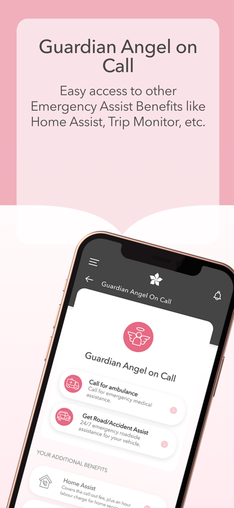 1st for Women app interface showing Guardian Angel on Call emergency and roadside assistance features