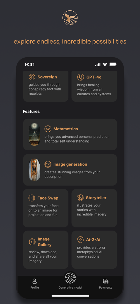 Sibyl AI - Interfaz de la aplicación móvil Sibyl AI mostrando características generativas como Metafísica y generación de imágenes