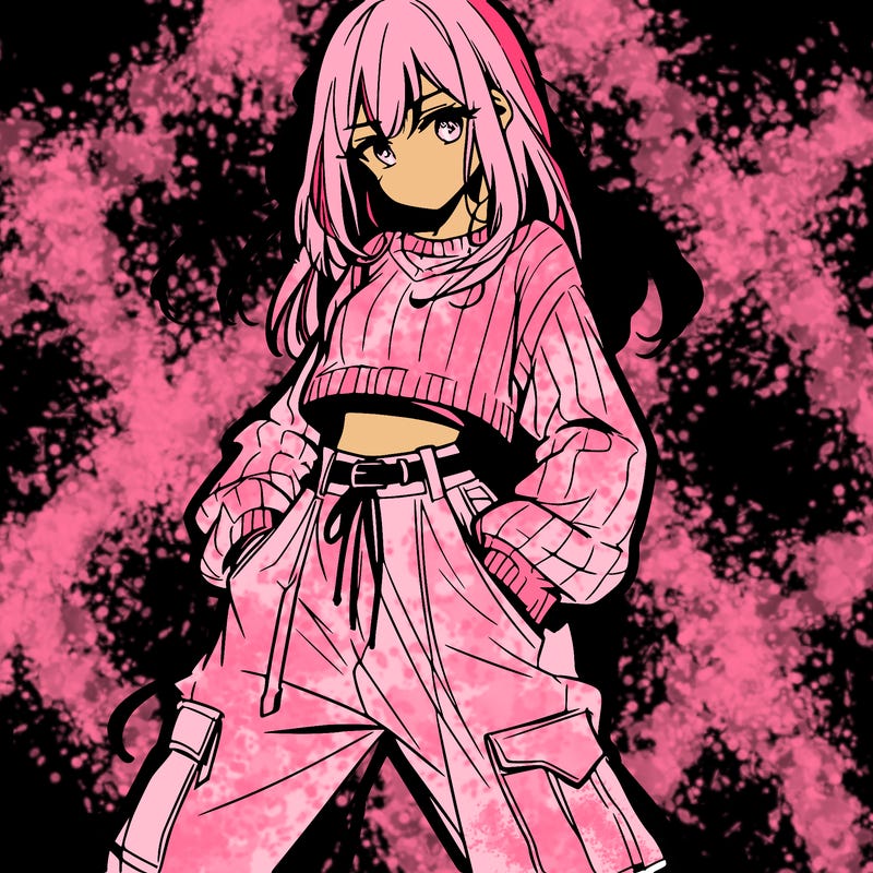 anime teen girl with baggy pants and crop top with sweater