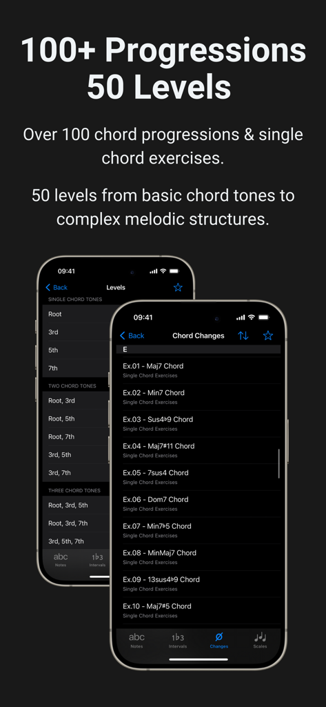 Solo - Fretboard Visualization - Screenshot of the chord progressions and practice levels in the Solo app