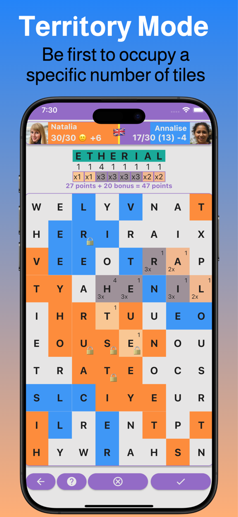 Word Puzzle Game: LetterGrid - LetterGrid mobile game screenshot showing Territory Mode gameplay where two players compete to capture tiles on a word grid.