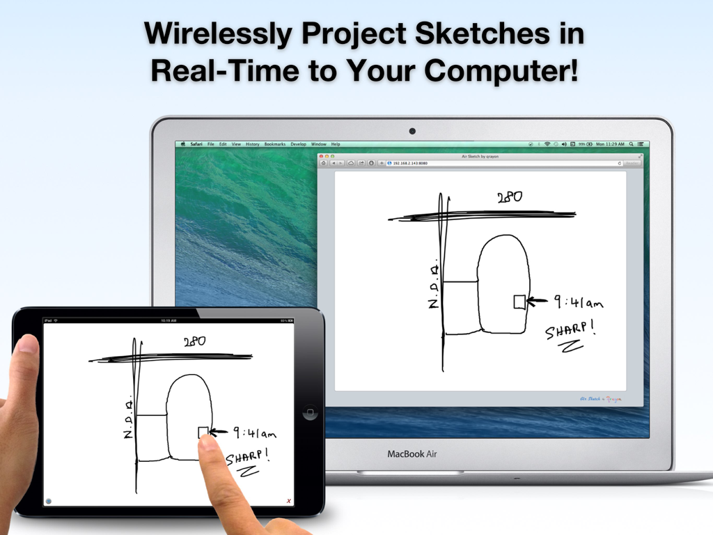 Air Sketch Free - iPadがリアルタイムで描かれた手書きスケッチをラップトップ画面にワイヤレスで投影している様子