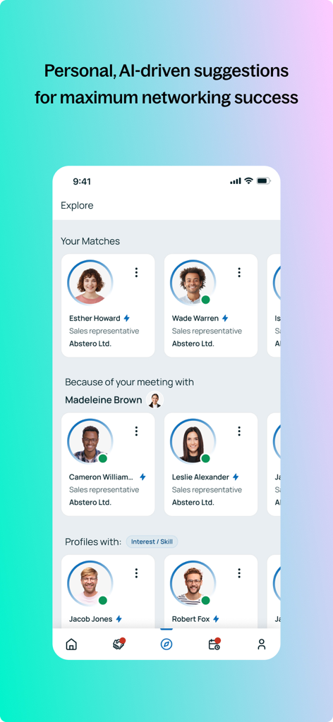 b2match mobile app interface displaying AI-driven networking recommendations and professional profiles for business events.