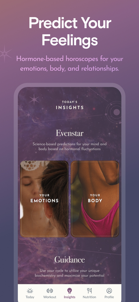 Mobile app interface showing personalized hormone based insights for emotions and body