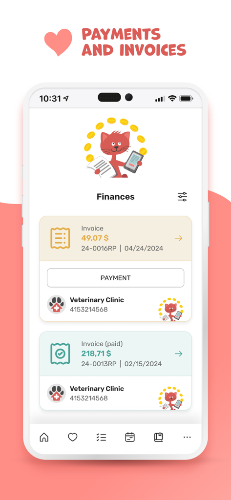 petsXL | smart animal health - Screen of the petsXL app showing veterinary invoices and payment options for pet owners