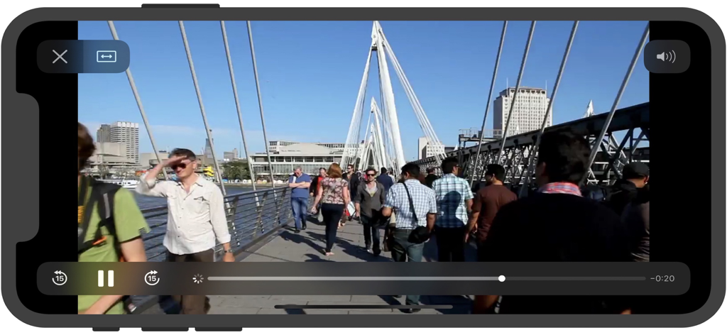 IPTV fast mobile app video player screen in landscape orientation with playback controls
