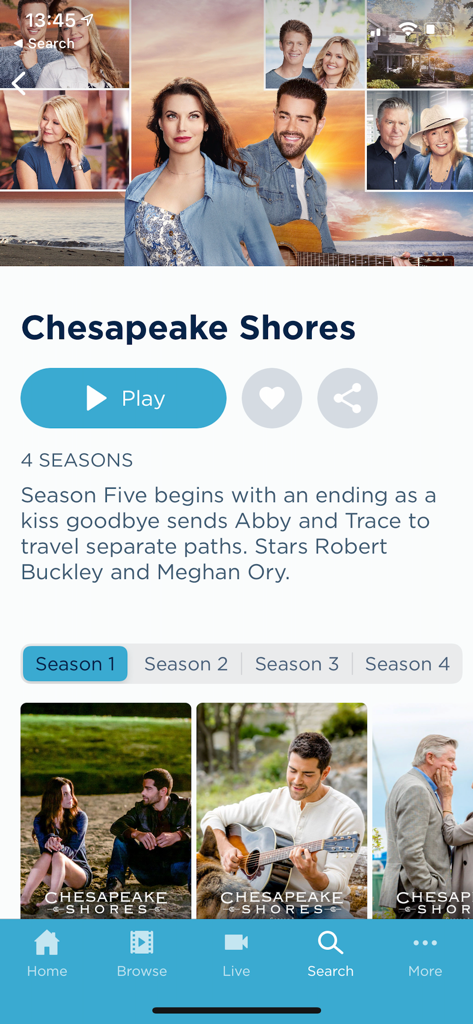 Hallmark TV - Interfaz de la aplicación móvil Hallmark TV que muestra los detalles de la serie Chesapeake Shores y la galería de episodios