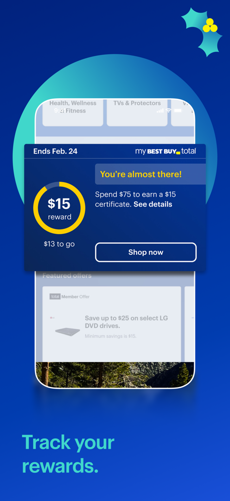 Best Buy app interface showing a membership rewards tracker for a fifteen dollar certificate with progress indicator.