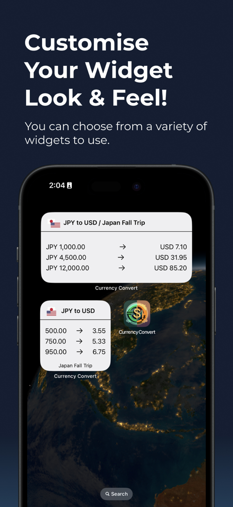 Eine Vielzahl von anpassbaren Währungsrechner-Widgets auf einem iPhone-Startbildschirm, die JPY-zu-USD-Umrechnungen für eine Japanreise anzeigen.