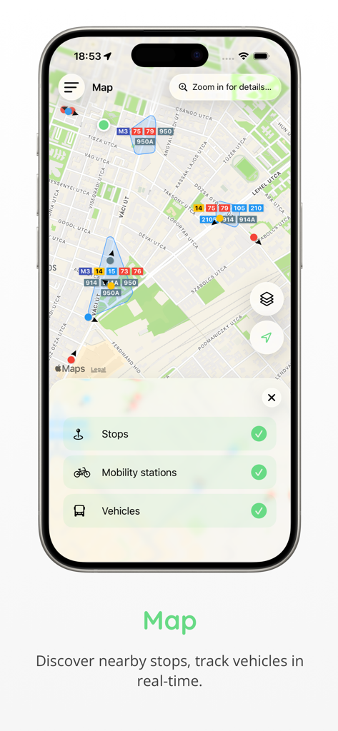 MenetrendApp mobile Oberfläche mit einer interaktiven Stadtkarte mit Haltestellen des öffentlichen Nahverkehrs und Echtzeit-Fahrzeugverfolgungsoptionen