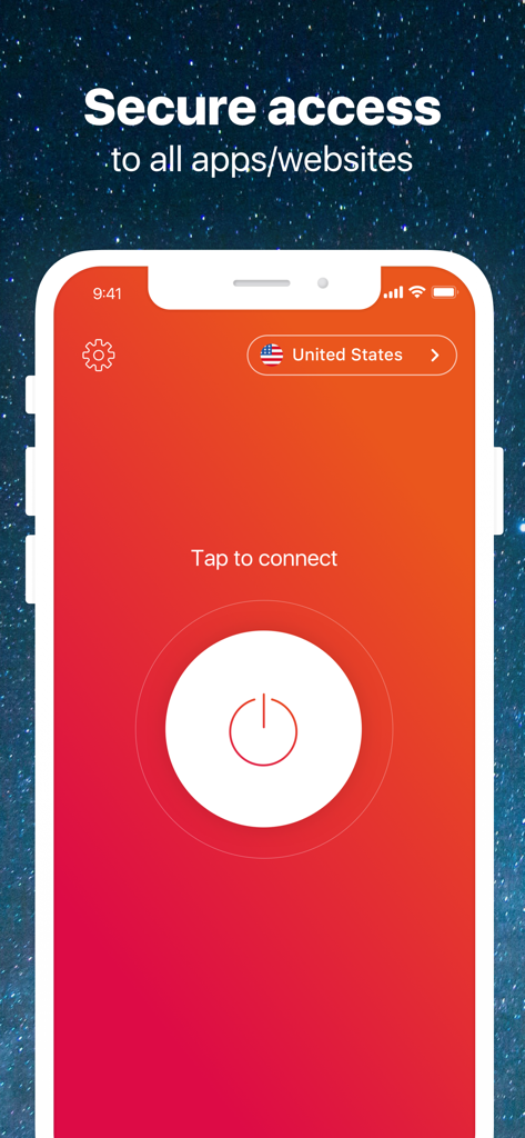 Interfaz de la aplicación Universe VPN y Navegador TOR mostrando un gran botón de toque para conectar y mensaje de acceso seguro sobre un fondo espacial estrellado.