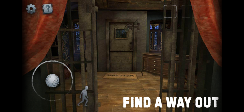 Scary Mansion：Horror Escape 3D - Scary Mansionの暗い部屋の一人称視点、Find a way outのテキストが表示されている。