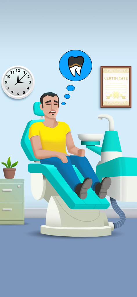 Dentist Bling - Un paziente seduto su una sedia dentale che pensa a un dente cariato