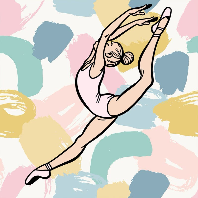 gymnast doing a leap in a leotard with a bent back leg